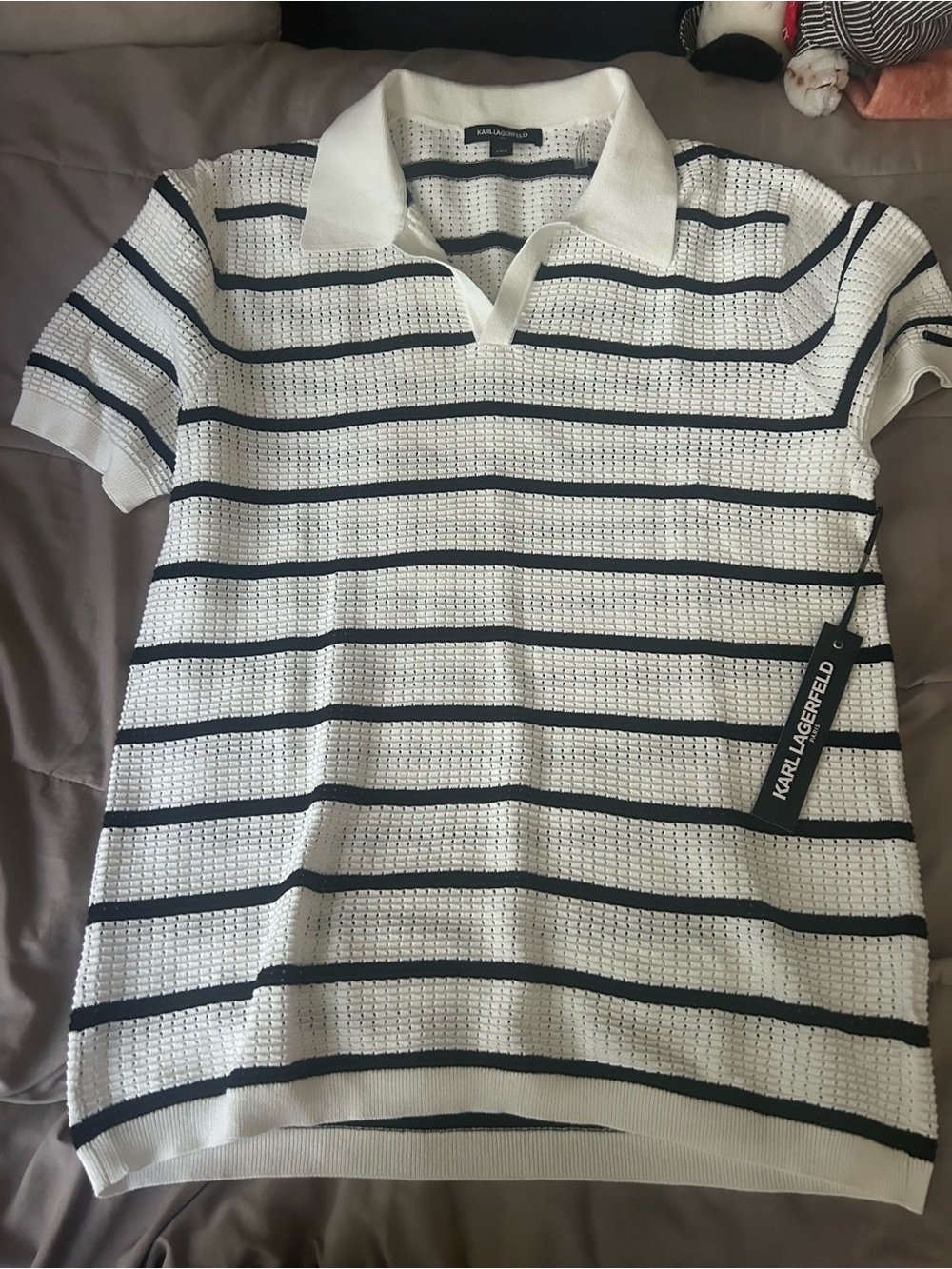 Karl Lagerfeld White & Navy Mesh-Striped Polo